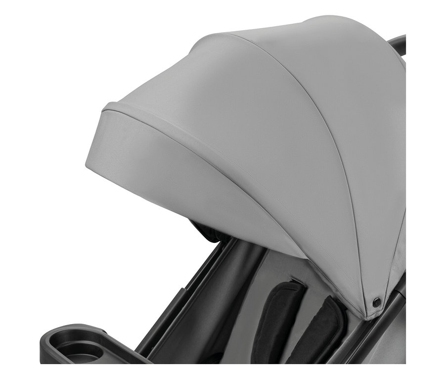 Detailansicht eines grauen Kinderwagenverdecks.