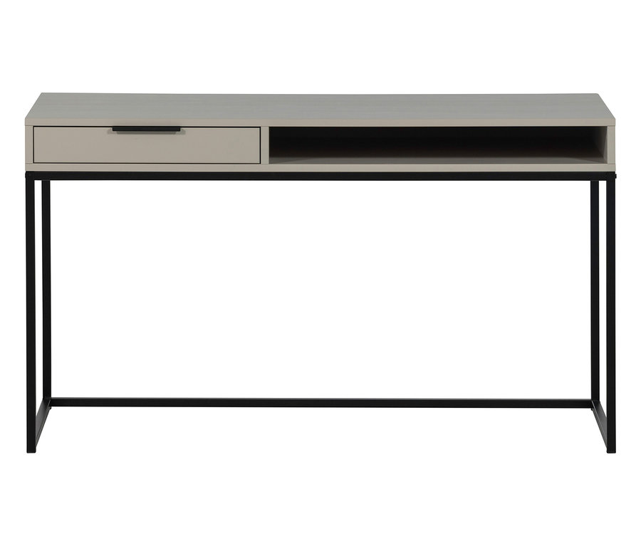 Ein heller Schreibtisch mit einer Schublade und einem offenen Fach steht auf einem schwarzen Metallgestell.