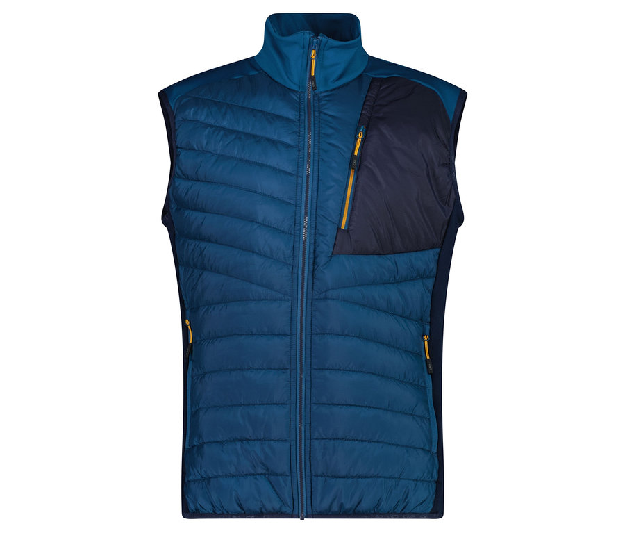 Blau-türkise Steppweste mit Reißverschluss und Taschen.