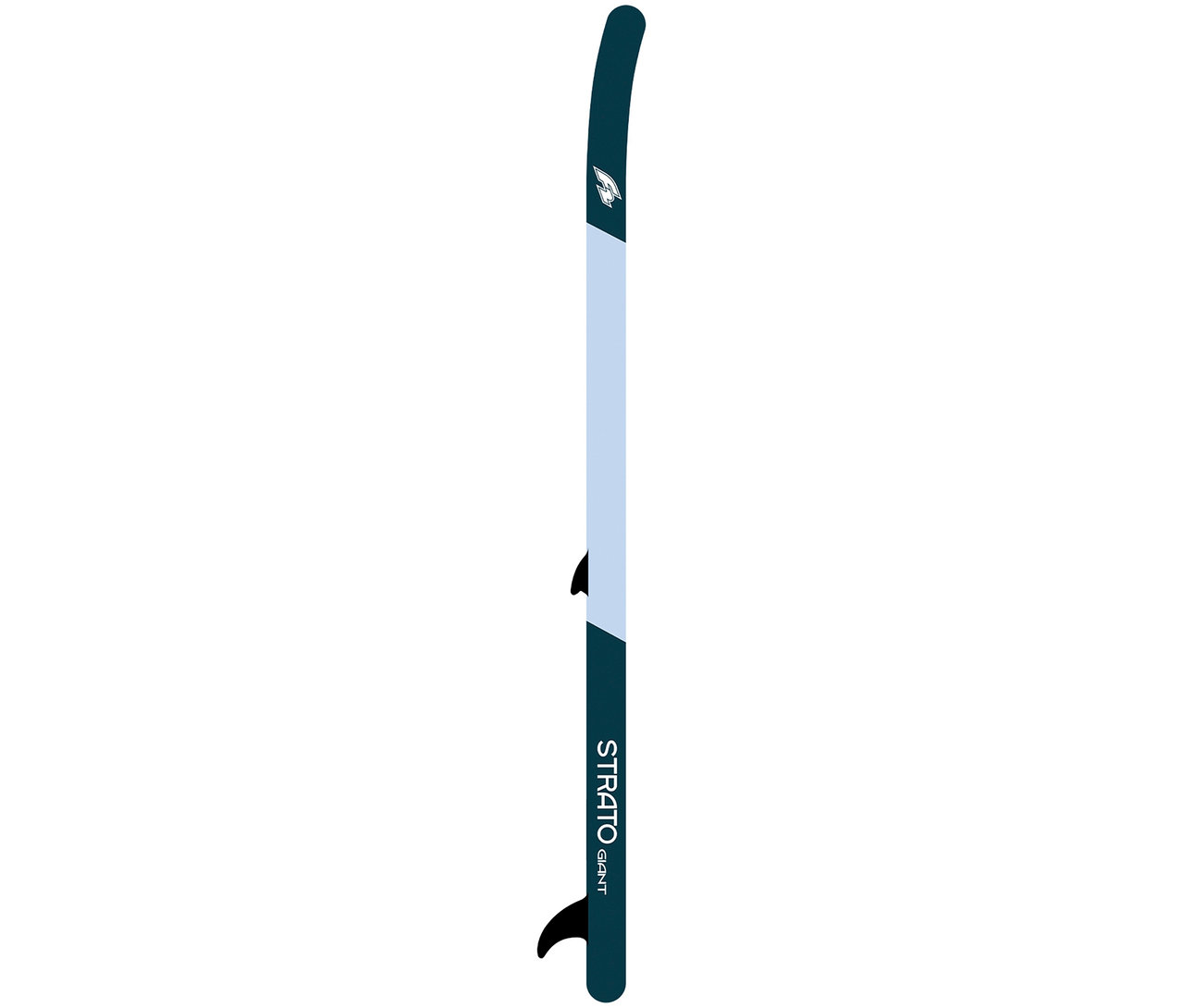 Das F2 SUP Board »Strato Giant« steht aufrecht und zeigt die Seite mit dem Schriftzug.