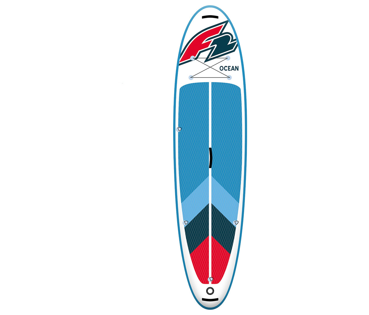 Das F2 SUP Board »Ocean ltd« in klein und groß ist weiß mit blauem Rautenmuster und rotem Logo.