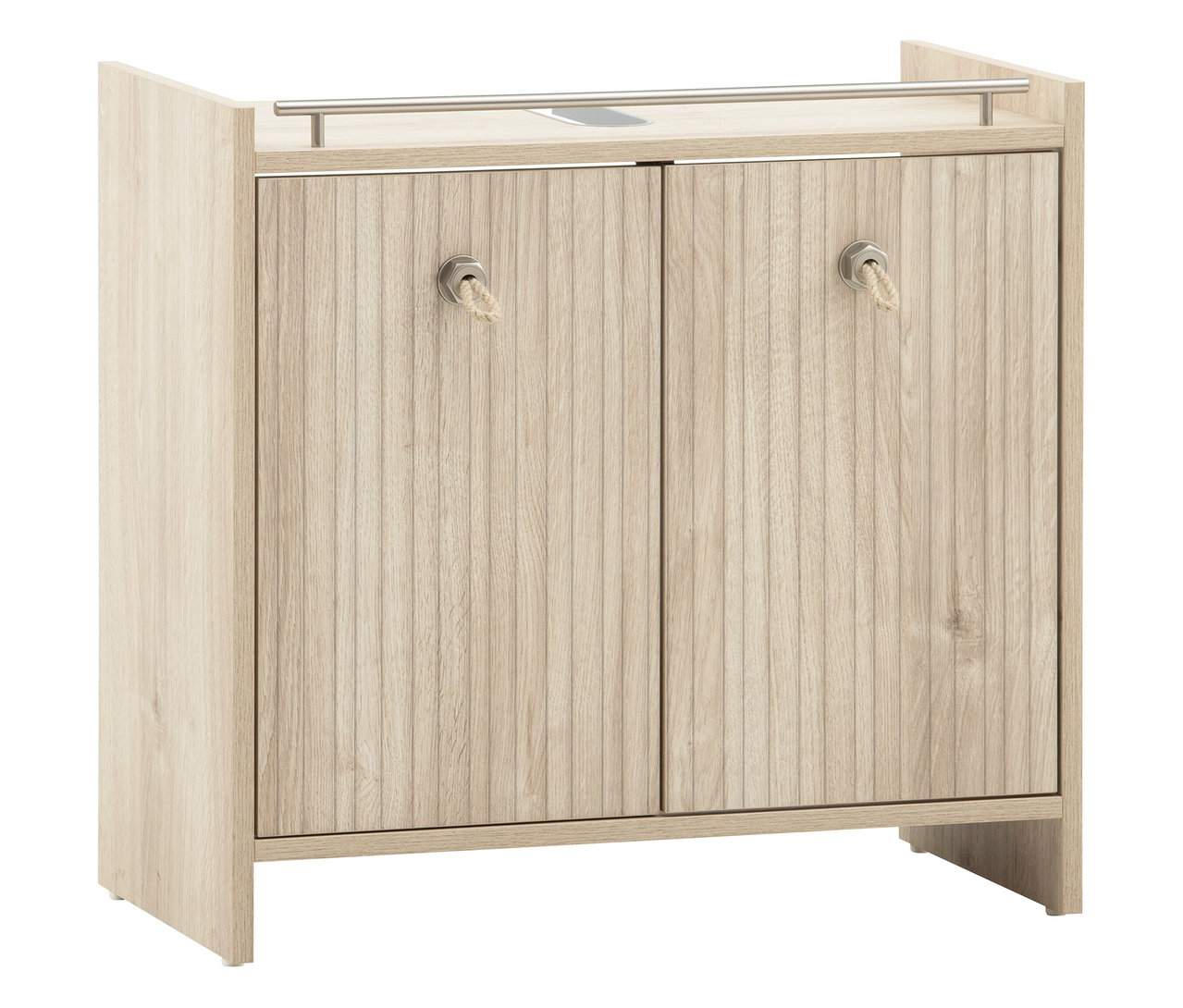Ein beiger Holzschrank mit zwei Türen und silbernen Griffen mit Seildetails steht vor einem weißen Hintergrund.