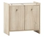 Ein beiger Holzschrank mit zwei Türen und silbernen Griffen mit Seildetails steht vor einem weißen Hintergrund.