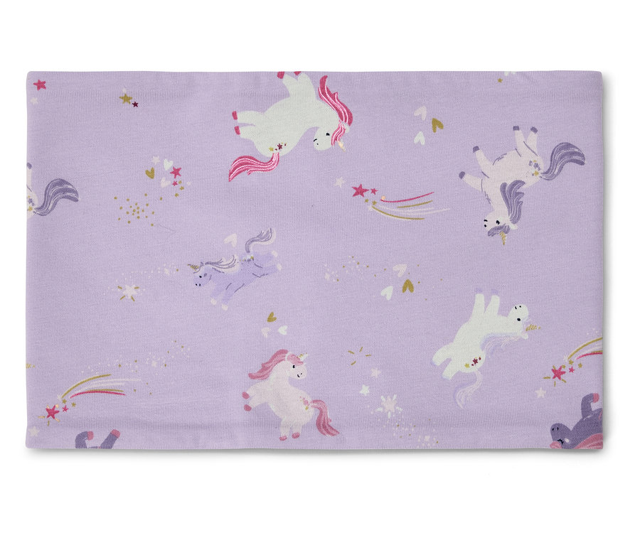 Lila Stoff mit Einhorn-, Stern- und Herzmuster.