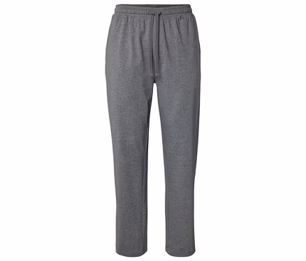 Graue, lange Jogginghose mit Kordelzug, von vorne fotografiert.