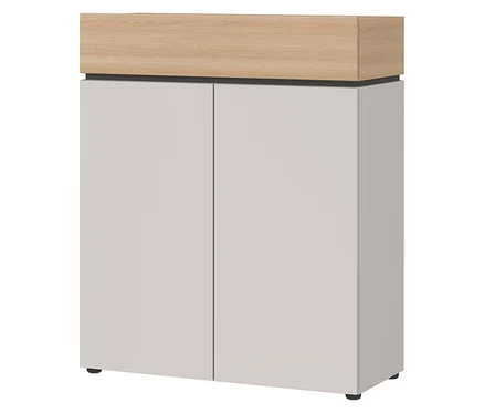 Ein grauer Schrank mit zwei Türen und einer hellbraunen Holzplatte oben steht vor einem weißen Hintergrund.