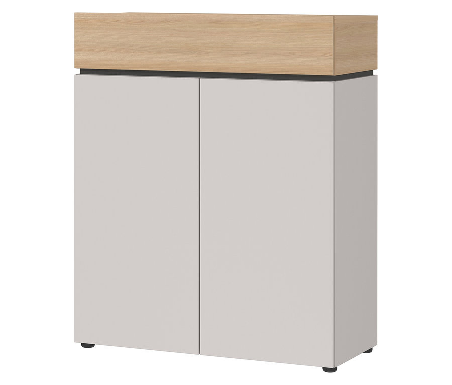 Ein grauer Schrank mit zwei Türen und einer hellbraunen Holzplatte oben steht vor einem weißen Hintergrund.