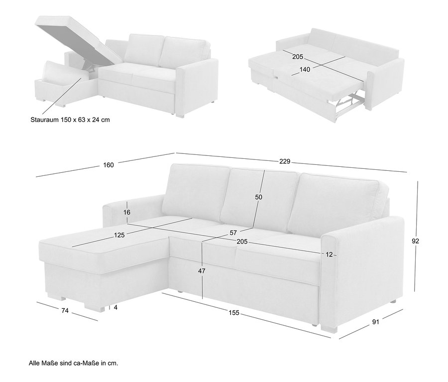 Mehrere Ansichten eines weißen Ecksofas mit Stauraum und ausziehbarer Schlaffunktion, jeweils mit Maßangaben in Zentimetern.