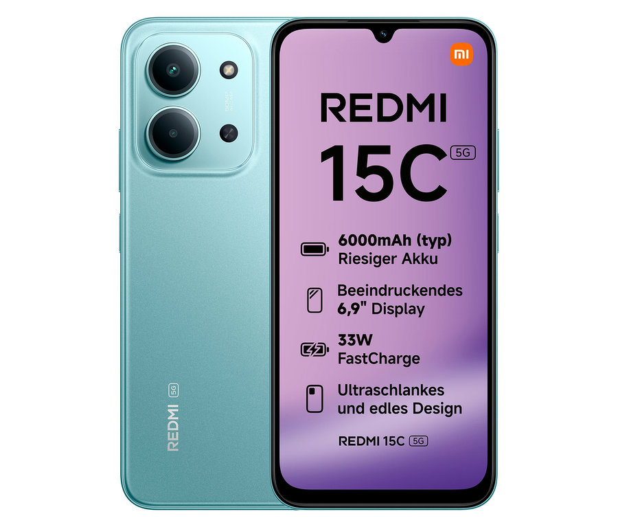Xiaomi Redmi 15C 5G 128 GB in Mint Green, Vorder- und Rückseite sind sichtbar.
