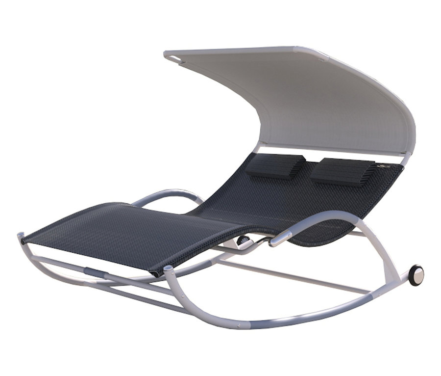 Leco Doppelschaukelliege mit Rädern mit Sonnendach und zwei Kopfkissen.