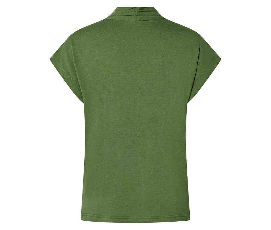 Rückansicht eines olivgrünen T-Shirts mit Wasserfallausschnitt.