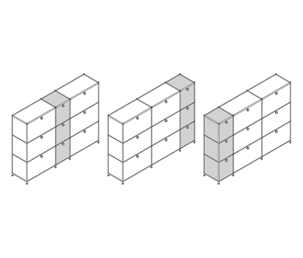 Drei »CN3« Kommoden mit je 9 Klappen, eine grau, eine weiß und eine schwarz.