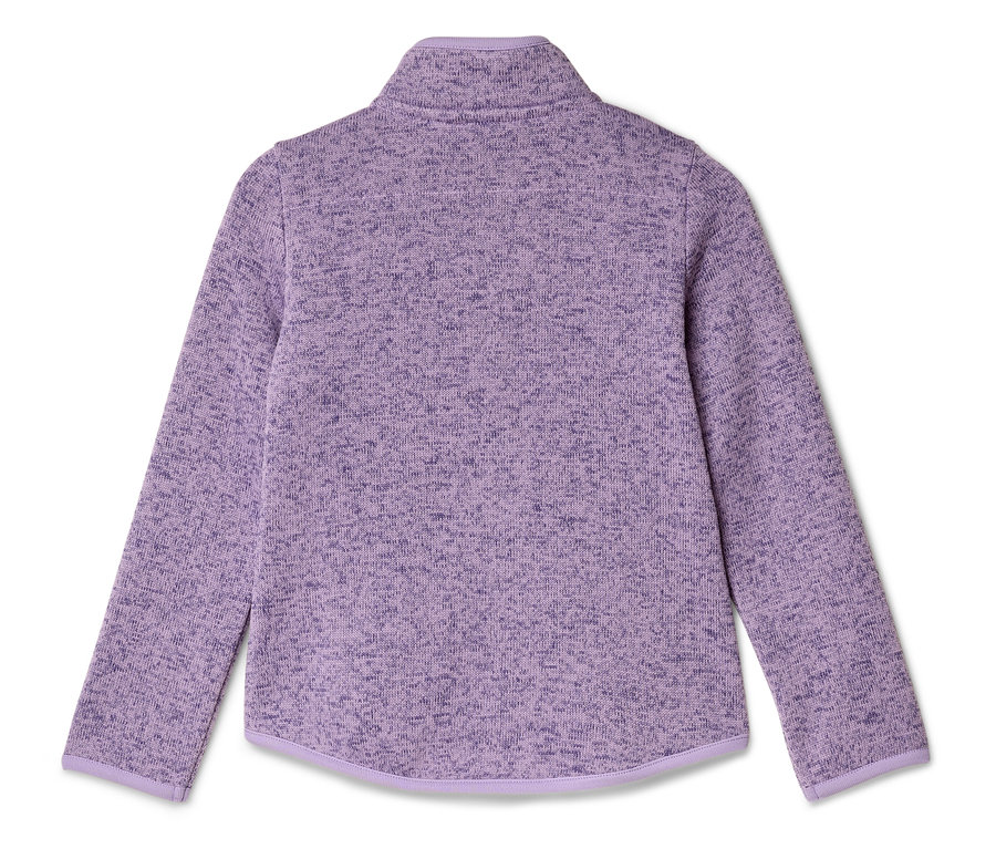 Rückansicht eines melierten, lilafarbenen Fleece-Pullovers mit Stehkragen und langen Ärmeln.