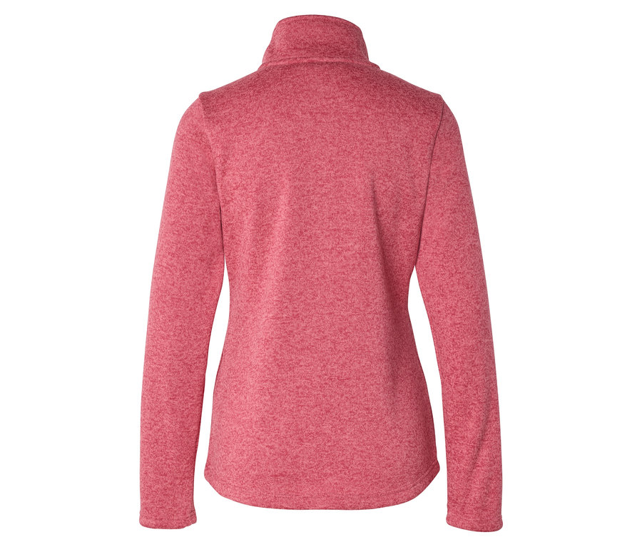 Rückansicht einer melierten, roten Fleecejacke mit Stehkragen und langen Ärmeln.