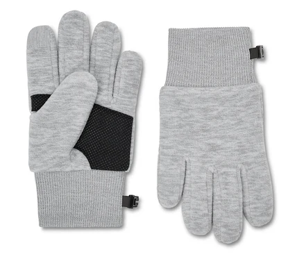 Ein Paar graue Handschuhe, wobei der linke Handschuh mit der Handfläche nach oben und der rechte Handschuh mit der Handfläche nach unten liegt.