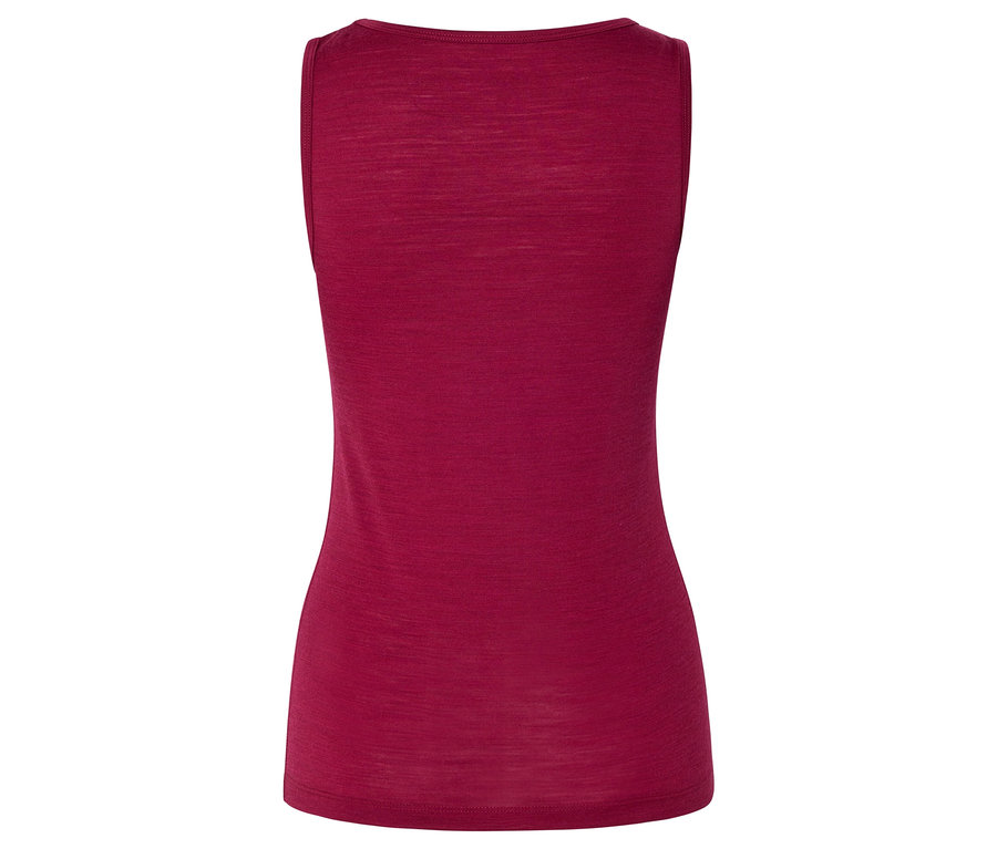 Dunkelrotes Tanktop von hinten, mit Rundhalsausschnitt und leicht tailliertem Schnitt.