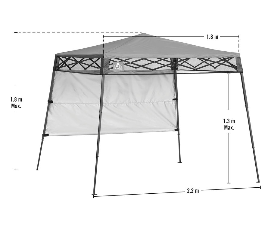 Graues Quik Shade Zelt mit Maßen von 1,8 m Höhe, 1,8 m Breite und 2,2 m Tiefe.