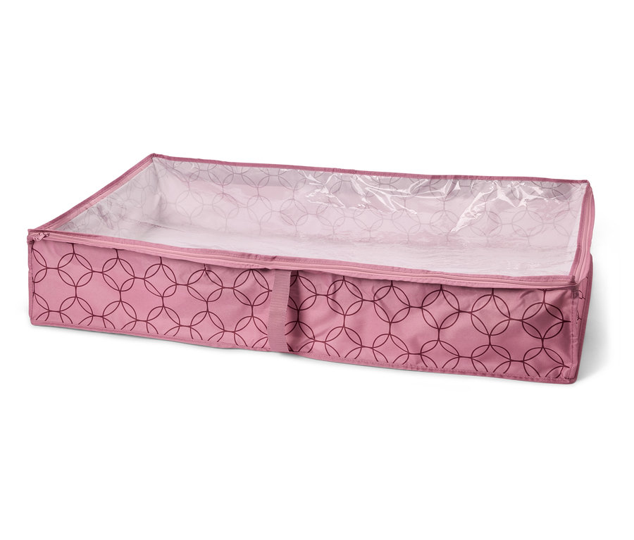 Eine rechteckige, rosa Aufbewahrungsbox mit Reißverschluss und Kreisdesign ist zu sehen.