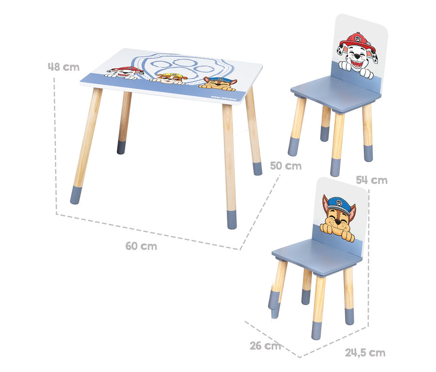 Kindertisch und zwei Stühle mit Paw Patrol-Motiven.