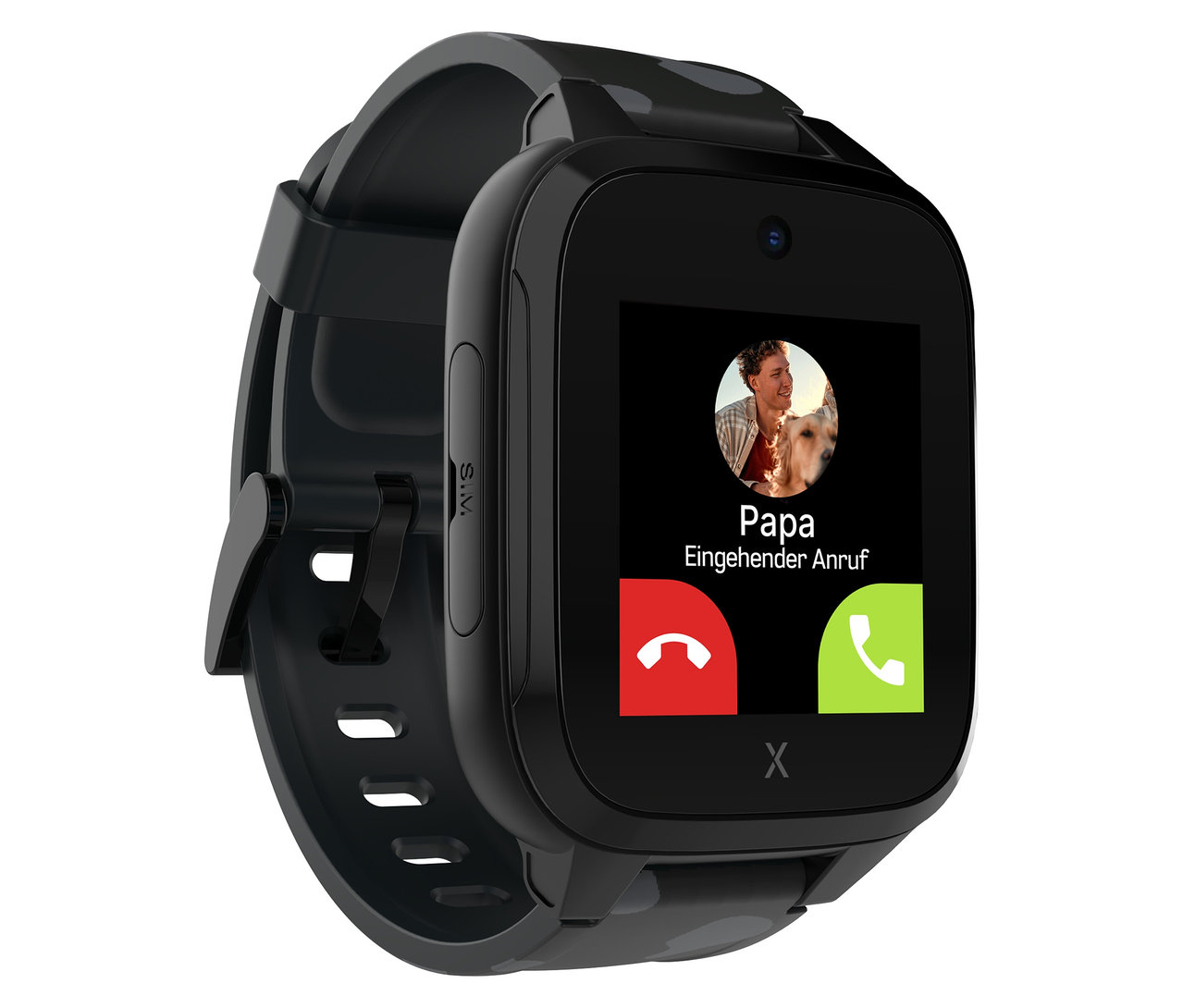Nahaufnahme der schwarzen Kinderuhr Xplora XGO3 2nd Gen. mit eingehendem Anruf von Papa.