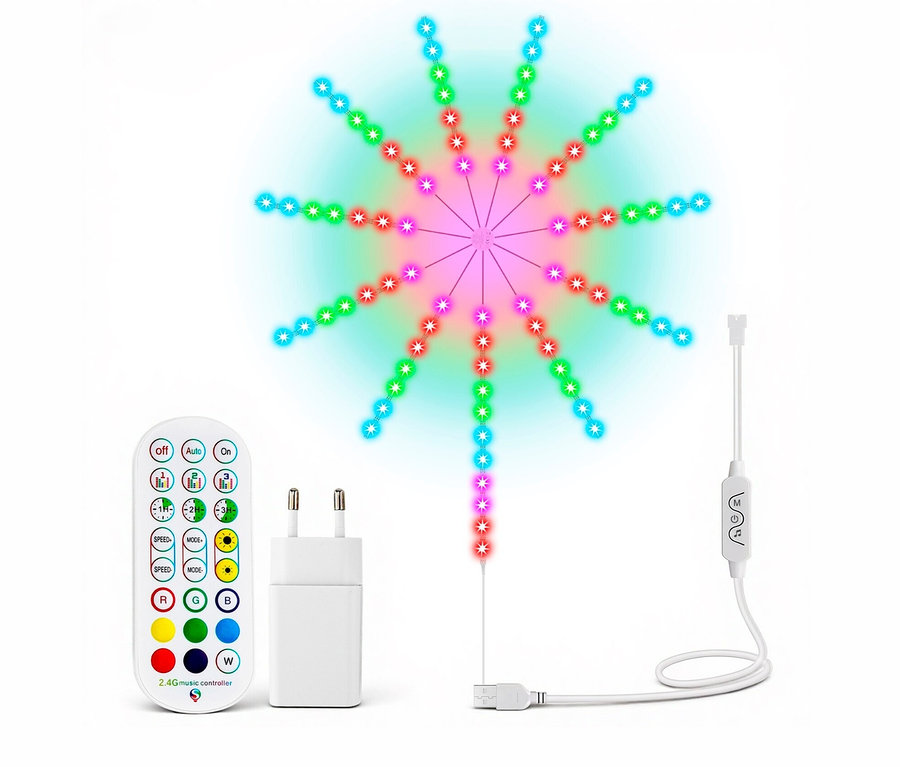 Feuerwerksleuchte mit Fernbedienung, Stecker und USB-Anschluss auf weißem Hintergrund.