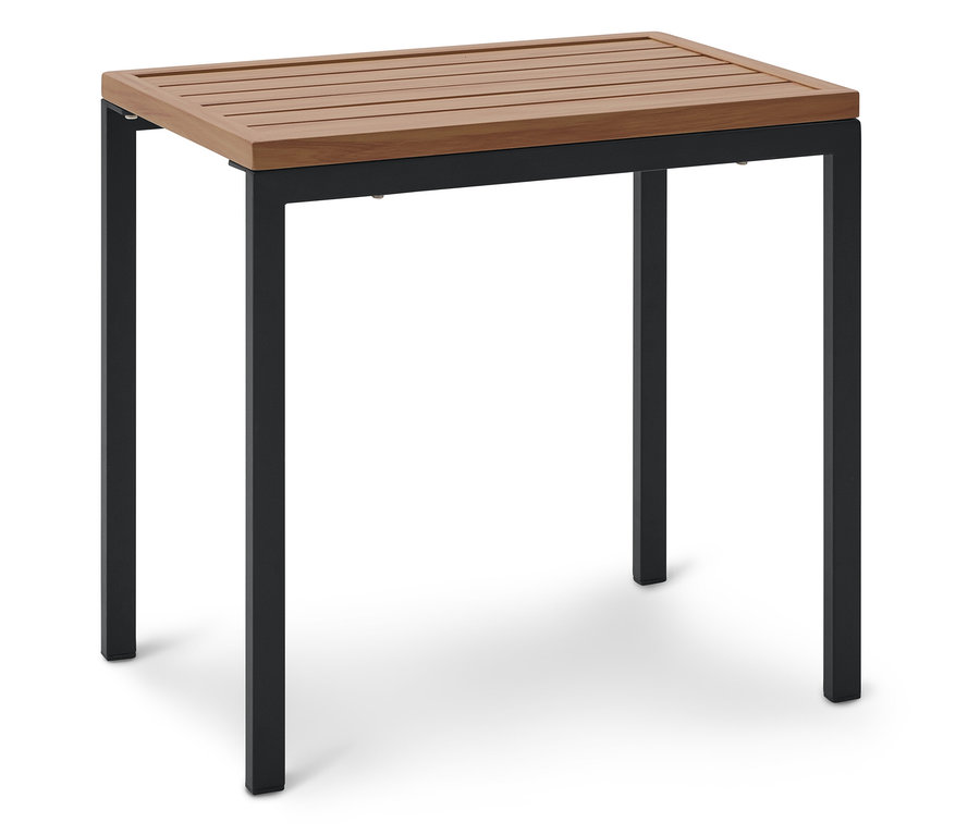 Ein rechteckiger Tisch mit einer hellbraunen Holzplatte und einem schwarzen Metallgestell steht auf einem weißen Untergrund.