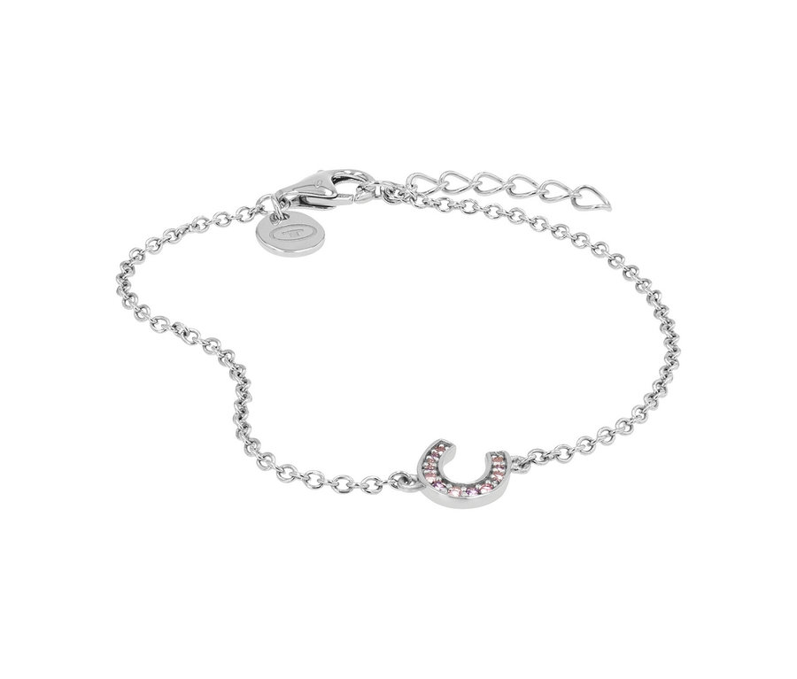 Silbernes Kettenarmband mit einem Hufeisen-Anhänger, der mit rosa Steinen besetzt ist, Karabinerverschluss und verstellbarer Kette.