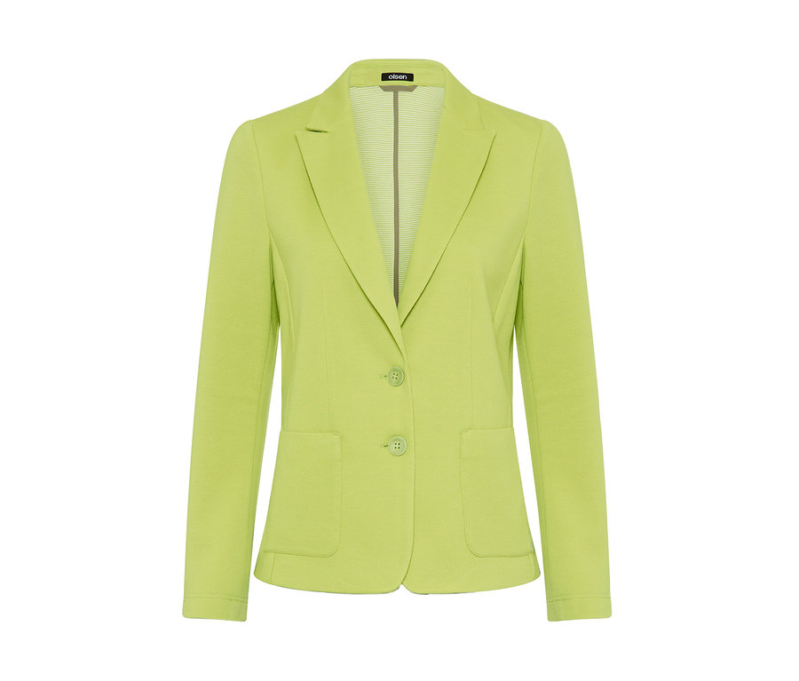 Limettengrüner Blazer mit zwei Knöpfen, zwei aufgesetzten Taschen und gestreiftem Innenfutter.