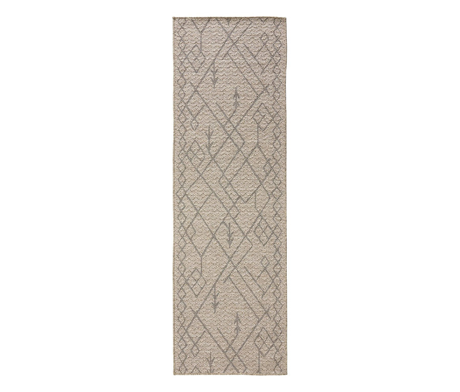 Heller beiger benuta Naoto Indoor- und Outdoor-Läufer mit grauem geometrischem Muster aus ineinandergreifenden Rauten und Pfeilmotiven.