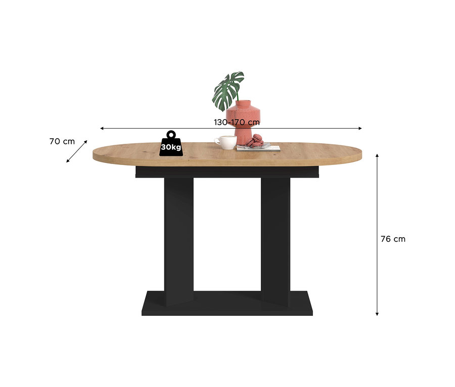 Ovaler xonox Esstisch »Victor« in Schwarz mit heller Holzplatte, 130-170x70x76 cm, 30kg Traglast. Dekoriert mit Tasse, rosa Vase mit Blatt und rosa Kugeln.