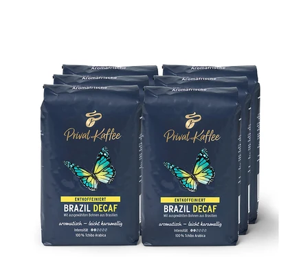 Sechs Packungen Privat Kaffee Brazil Decaf Kaffeebohnen.