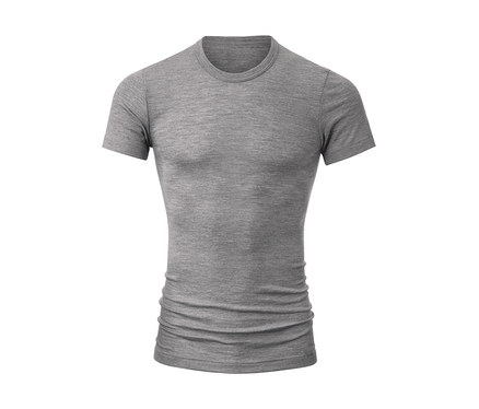 Graues, eng anliegendes Kurzarm-T-Shirt mit Rundhalsausschnitt auf weißem Hintergrund.