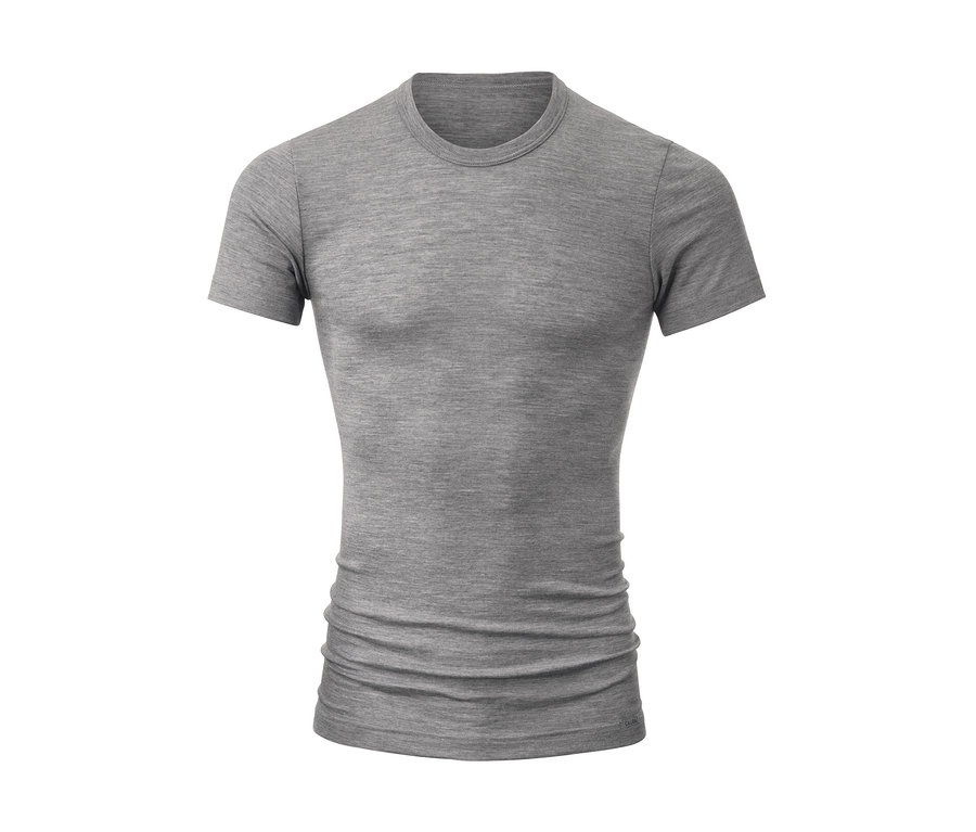 Graues, eng anliegendes Kurzarm-T-Shirt mit Rundhalsausschnitt auf weißem Hintergrund.