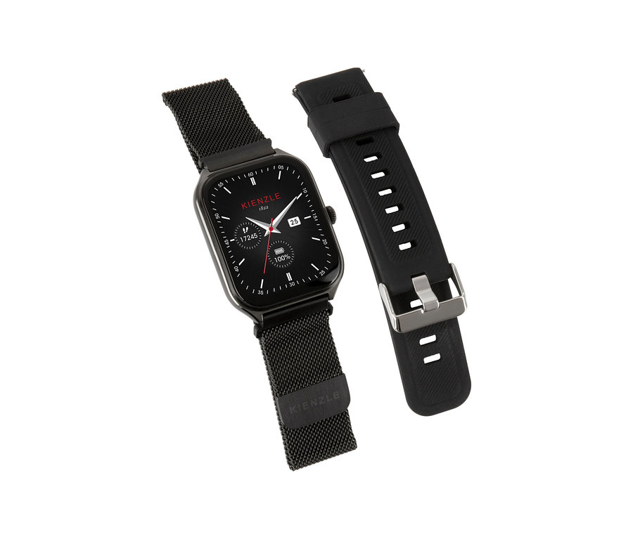 Schwarze Kienzle Uhr »Smart Slim« mit rechteckigem Gehäuse und schwarzem Mesh-Armband, daneben ein schwarzes Silikonarmband.