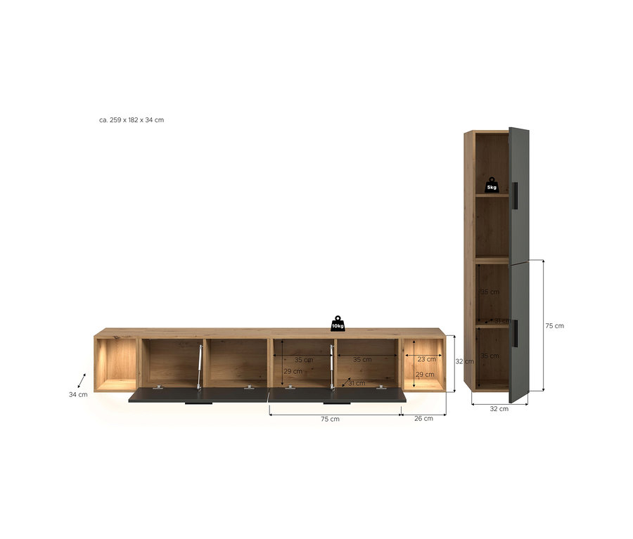 xonox Wohnkombination »Only«: Eine Wohnkombination in heller Holzoptik und dunklem Grau, bestehend aus einem horizontalen Lowboard und einem vertikalen Hängeschrank. Das Lowboard hat offene Fächer und drei Klapptüren, der Hängeschrank eine offene Nische und eine Klapptür. Gesamtmaße: ca. 259 x 182 x 34 cm.