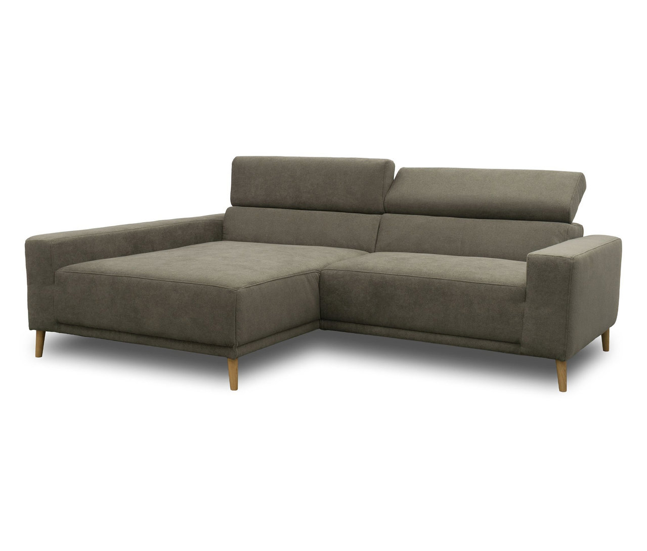 DOMO Sofa »Malmö« in Grau mit Longchair links, Kopfteilverstellung und Holzfüßen.
