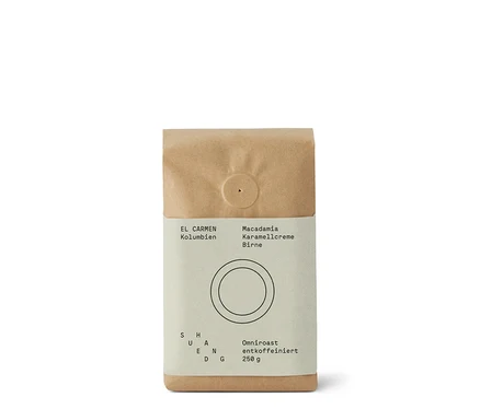 Eine Packung SUEDHANG - El Carmen Decaf Omni-Roast - 250 g Ganze Bohne Kaffee.