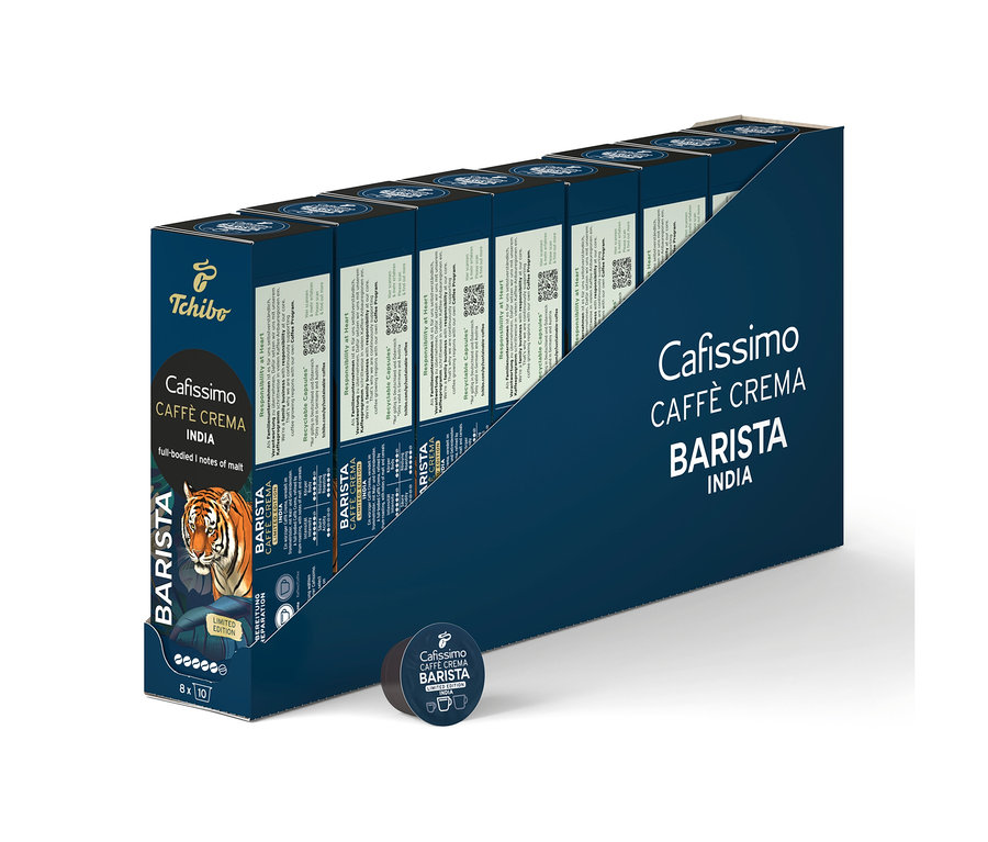 Dunkelblaue Displaybox mit 80 Cafissimo BARISTA Caffè Crema India Kaffeekapseln, vorne eine lose Kapsel. Die Box zeigt einen Tigerkopf.