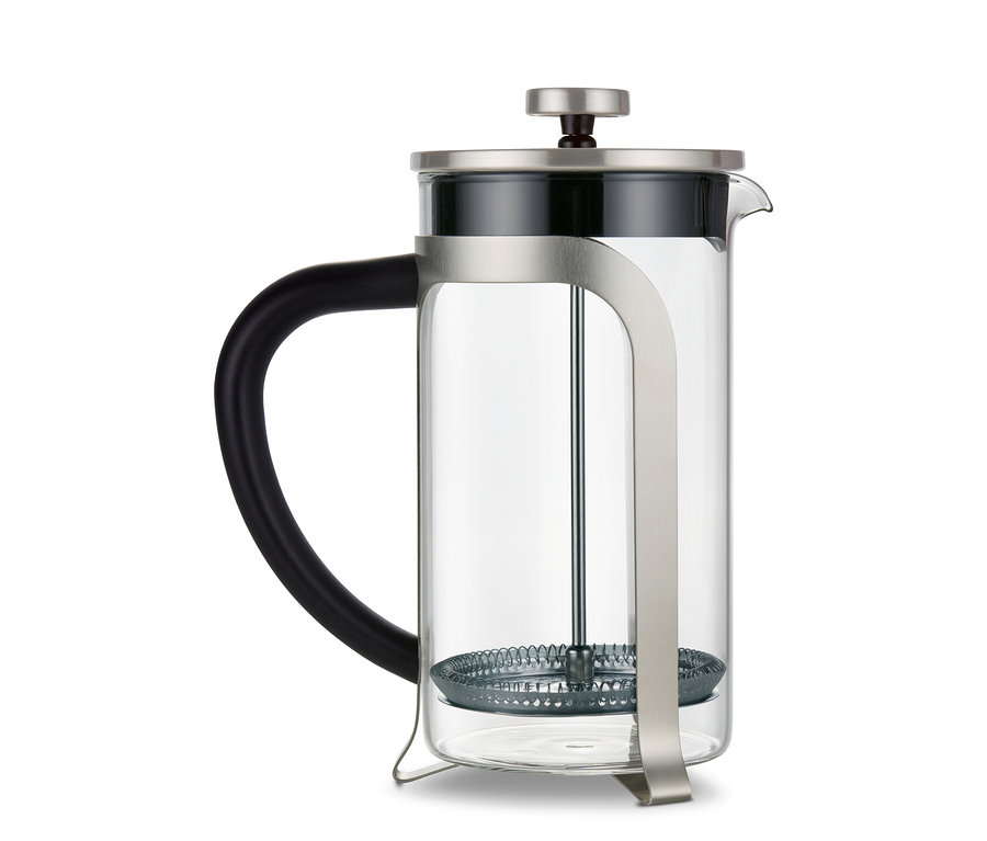 Eine Siebstempelkanne, silber, 800 ml, 6 Tassen.