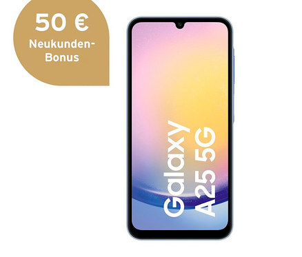Blaues Samsung Galaxy A25 5G Smartphone mit Galaxy A25 5G Schriftzug auf dem Display.