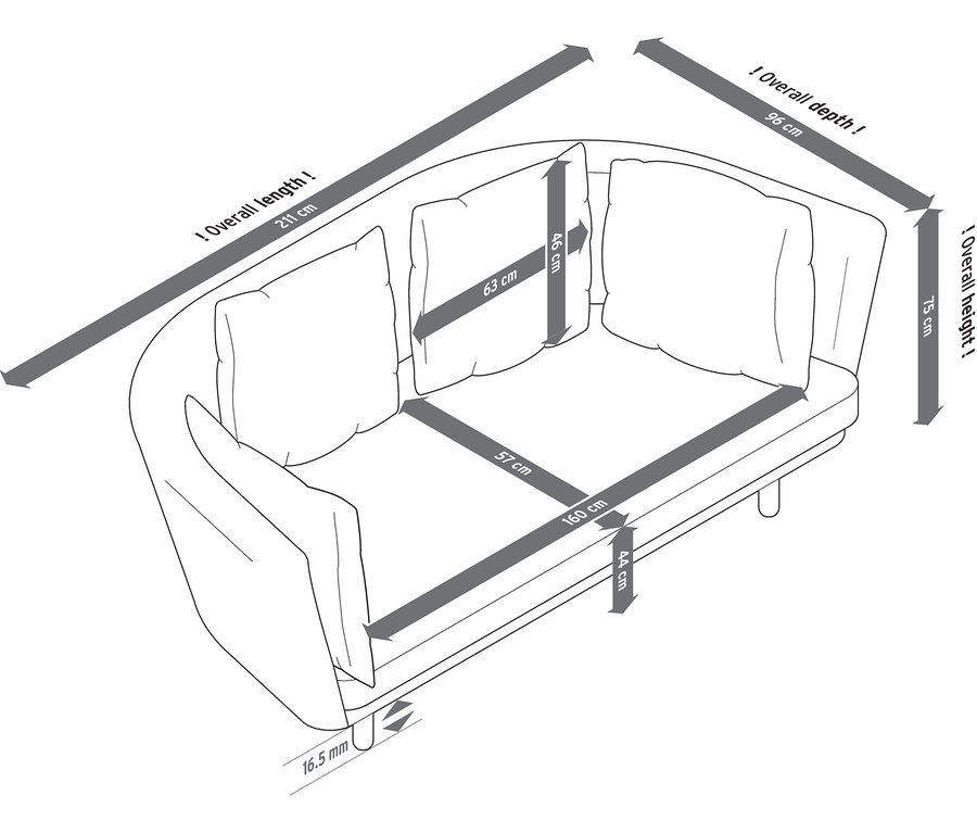 Abbildung eines honigfarbenen SCAPA 2,5-Sitzer-Cordsofas mit Maßangaben.