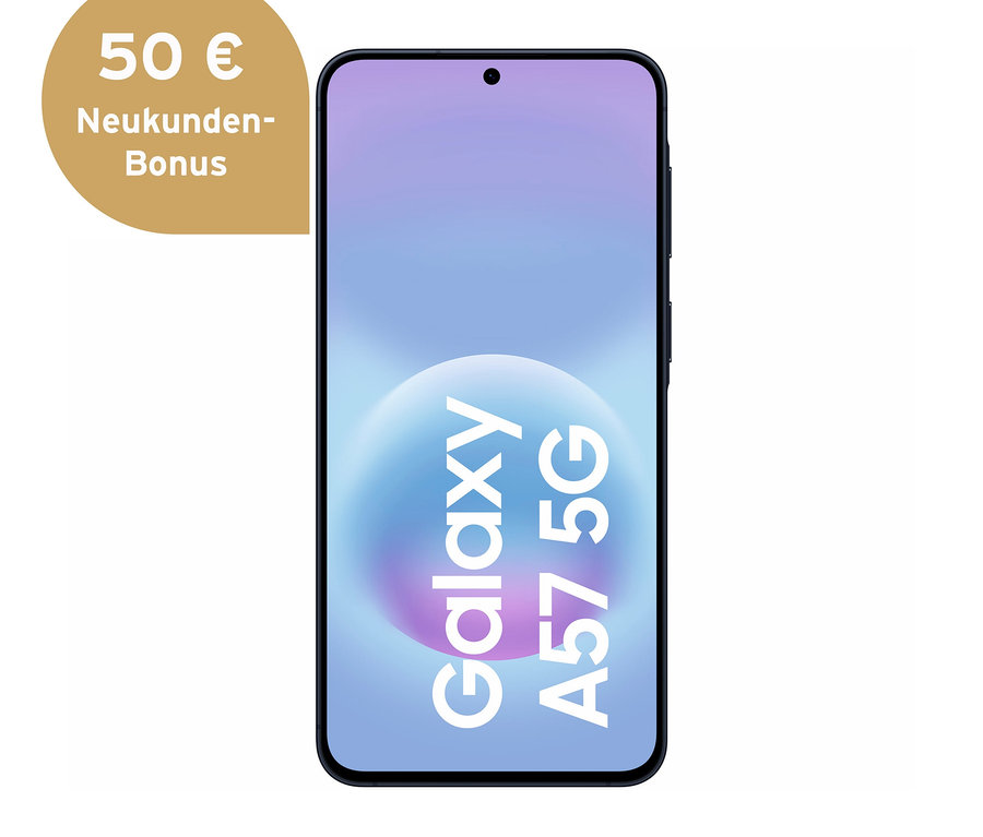 Navy Samsung Galaxy A57 5G Smartphone mit 'Galaxy A57 5G' auf dem Bildschirm und einem goldenen Kreis mit '50 € Neukunden-Bonus'.