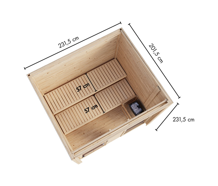 Blick von oben in ein offenes Karibu Saunahaus »Clio 2« aus hellem Holz mit zwei 57 cm breiten Bänken und einem Saunaofen mit Steinen. Die Maße sind 231,5 cm Länge, 201,5 cm Breite und 231,5 cm Höhe.
