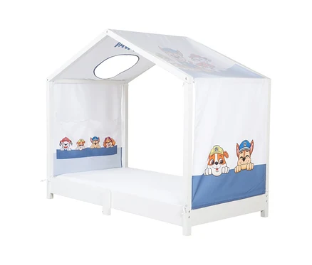 Weißes Kinderbett mit Paw Patrol-Motiv und blauem Akzent.