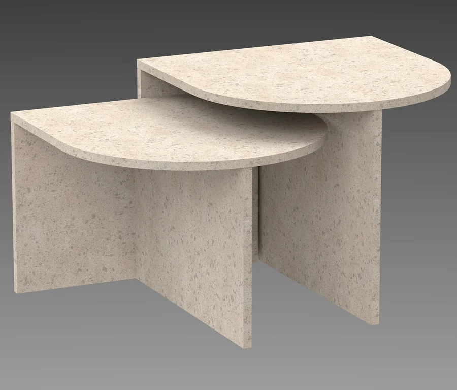 Zwei hellbeige, gesprenkelte Satztische mit halbkreisförmigen Platten, einer leicht unter den anderen geschoben.