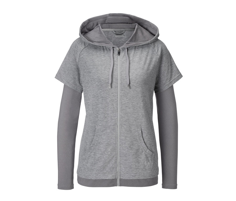 Graue Trainingsjacke mit Reißverschluss und Kapuze.