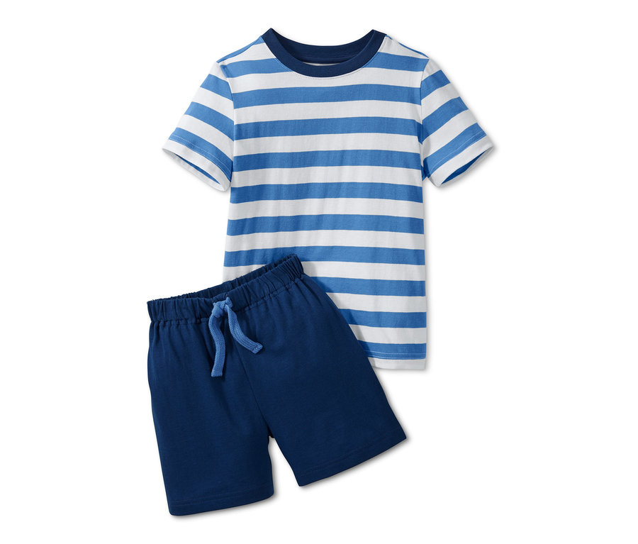 Blaues Shorty-Pyjama mit einem gestreiften Oberteil.
