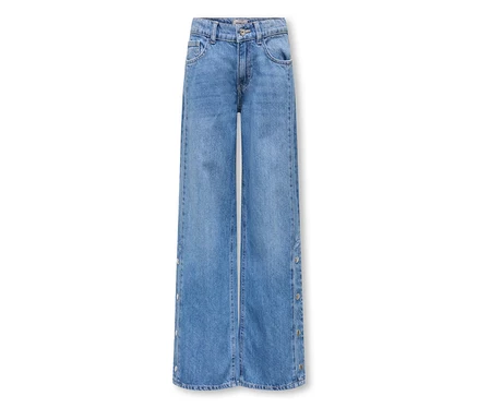 Blaue Wide-Leg-Jeans aus hellblauem Denim mit silbernen Knöpfen entlang der äußeren Nähte.