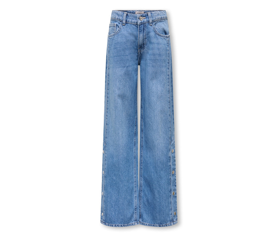 Blaue Wide-Leg-Jeans aus hellblauem Denim mit silbernen Knöpfen entlang der äußeren Nähte.