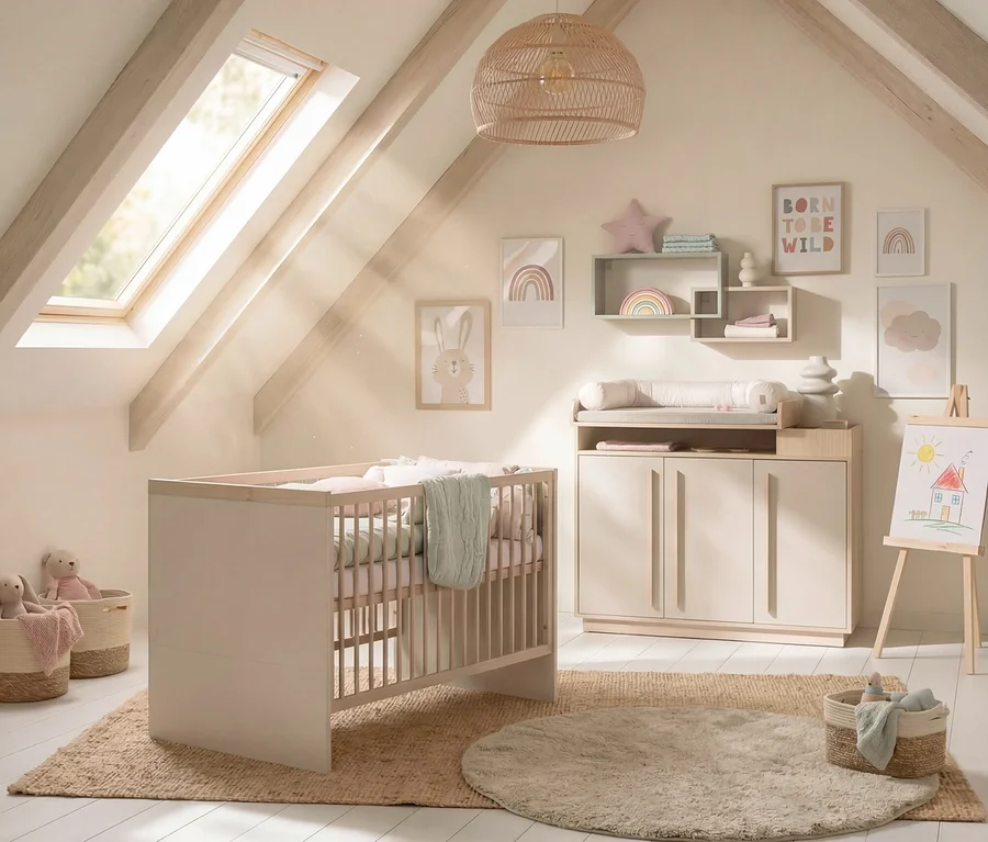 Ein helles und gemütliches Babyzimmer im Dachgeschoss mit einem hellen Holz- und beigen Gitterbett, einer passenden Wickelkommode und einer Staffelei mit Kinderzeichnung. Das Zimmer hat eine Dachschräge mit Dachfenster, neutrale Wände mit Regenbogen- und Hasenbildern sowie eine geflochtene Pendelleuchte. Jute- und flauschige Teppiche bedecken den Boden, und geflochtene Körbe enthalten Spielzeug.